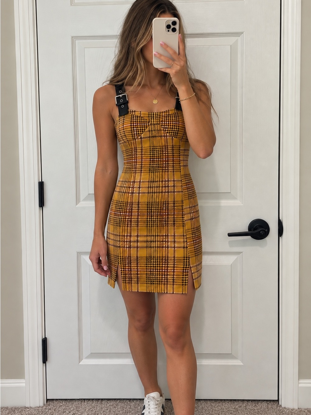 Jolie & Joy Plaid Mini Dress Small Y2K 90s Clueless Mustard Buckle Strap NWT
